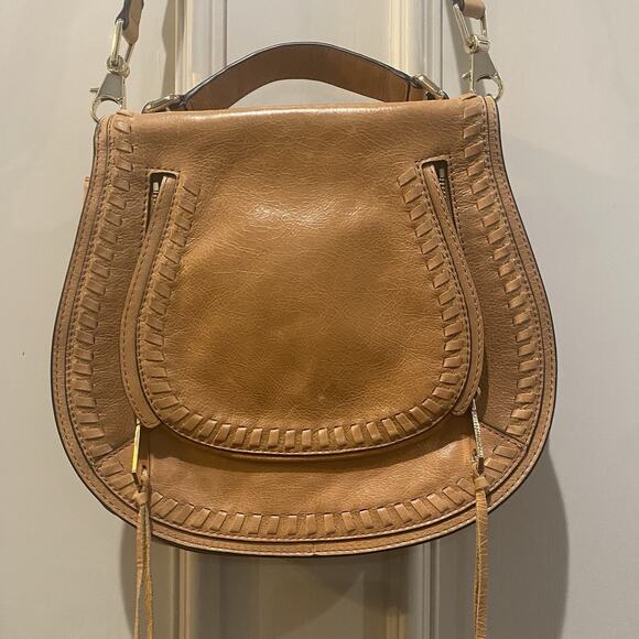 REBECCA MINKOFF Whipstitch Leather Saddle Crossbody Shoulder Bag Flap Brown Tan - Picture 1 of 16